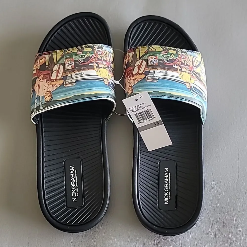 Nick Graham Dane Happy Men's Slide Sandals Beach Print Father Day Size 13 M